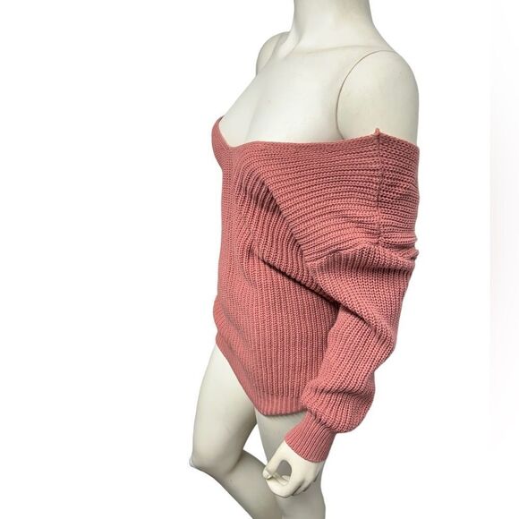 Forever 21 Pink Knit Off the Shoulder Sweater Open Back Cute Sexy Jumper - Picture 4 of 7